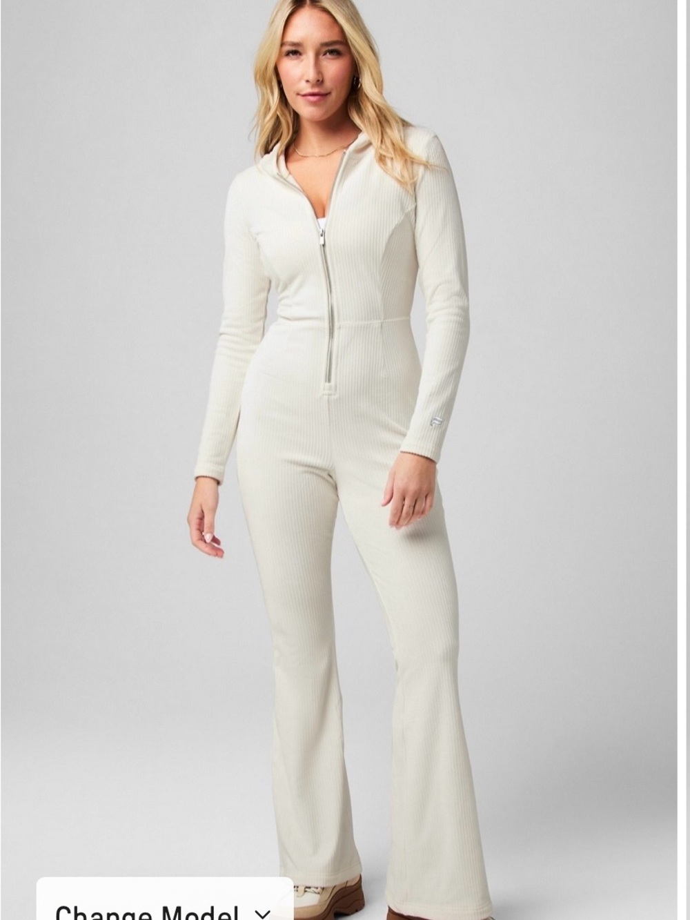Fabletics Cream Ribbed Zip-Front Long-Sleeve Jumpsuit